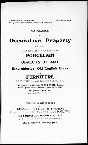 Catalogue of decorative property including old English and Chinese porcelain […] : [vente du 8 octobre 1915]