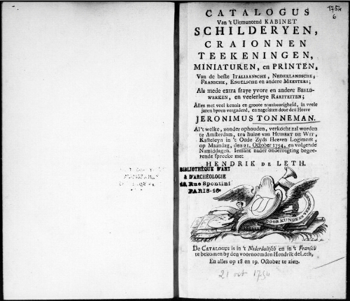 Catalogus van't Uitmuntend Kabinet Schilderyen, craionnen Teekeningen, Miniaturen, en Printen [...] : [vente du 21 octobre 1754]