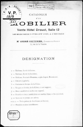 Catalogue d'un mobilier […] : [vente du 9 juillet 1919]