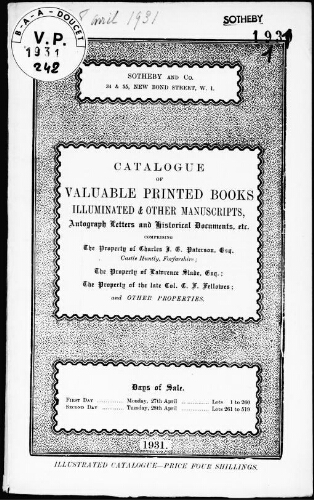 Valuable printed books, illuminated and other manuscripts […], the property of Charles J. E. Paterson, Esquire, […] : [vente des 27 et 28 avril 1931]