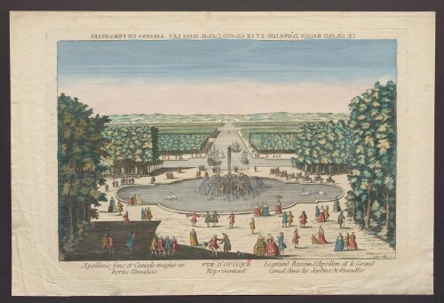 Vue d'optique représentant Le grand Bassin d'Apollon et le Grand Canal dans les jardins de Versailles