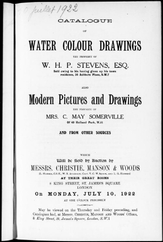 Catalogue of water colour drawings, the property of W. H. P. Stevens, Esq. [...] : [vente du 10 juillet 1922]