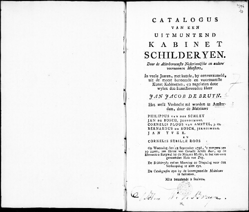 Catalogus van een uitmuntend kabinet schilderyen [...] : [vente du 12 septembre 1798]