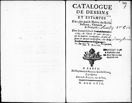 Catalogue de dessins et estampes des plus grands maîtres des écoles italienne, flamande, française [...] : [vente du 28 septembre 1769]