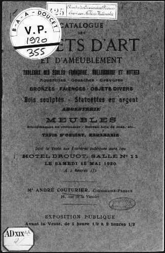 Catalogue des objets d'art et d'ameublement, tableaux des écoles française, hollandaise et autres […] : [vente du 15 mai 1920]