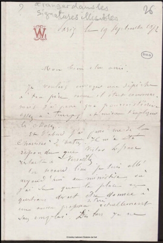 Lettres adressées à Meissonier, classées par ordre alphabétique du nom de l'expéditeur. Signatures illisibles
