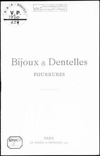 Bijoux et dentelles, fourrures : [vente du 20 novembre 1920]