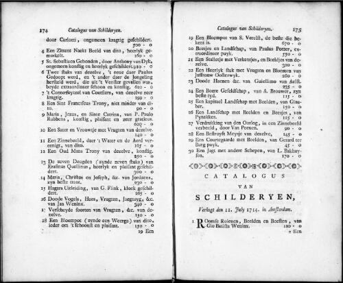 Catalogus van Schilderyen [...] : [vente du 11 juillet 1714]