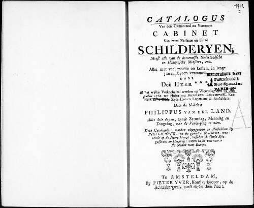 Catalogus van een Uitmuntend en voornaam Cabinet van extra plaisante en echte Schilderyen [...] : [vente du 18 août 1762]