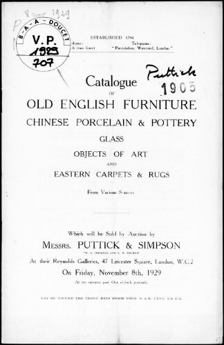 Catalogue of old English furniture, Chinese porcelain and pottery, glass, objects of art and eastern carpets and rugs [...] : [vente du 8 novembre 1929]