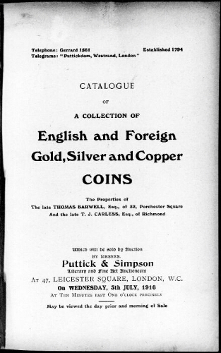 Catalogue of a collection of English and foreign gold, silver and copper coins […] : [vente du 5 juillet 1916]