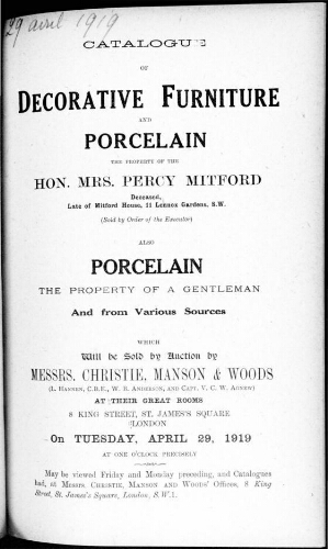 Catalogue of decorative furniture and porcelain [...] : [vente du 29 avril 1919]