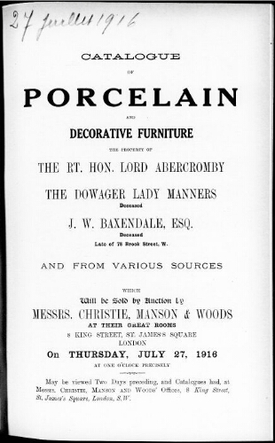 Catalogue of porcelain and decorative furniture […] : [vente du 27 juillet 1916]
