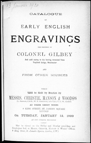Catalogue of early English engravings the property of Colonel Gilbey [...] : [vente du 13 janvier 1920]