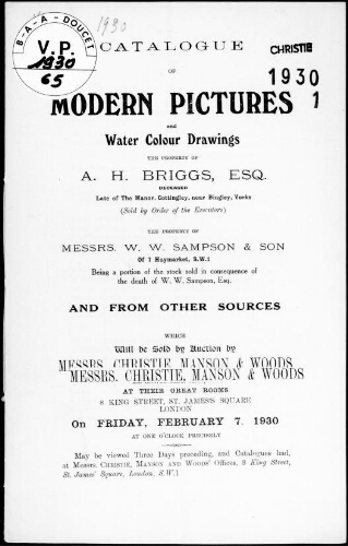Catalogue of modern pictures and water colour drawings, the property of A. H. Briggs [...] : [vente du 7 février 1930]