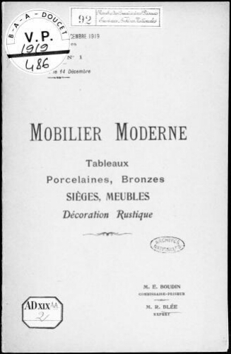 Catalogue d'un mobilier moderne comprenant gravures, tableaux, faïences, porcelaines [...] : [vente des 15 et 16 décembre 1919]