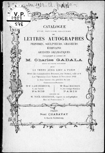 Catalogue d'une précieuse collection de lettres autographes [...] : [vente des 2 et 3 novembre 1923]