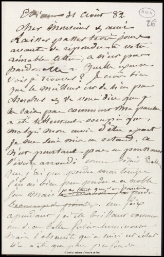 Lettre de Jean-Louis-Ernest Meissonier, Evian, 21 août 1882