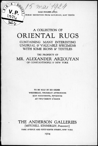 Collection of oriental rugs, containing many interesting unusual and valuable specimens with some ikons and textiles [...] : [vente des 14 et 15 mai 1924]