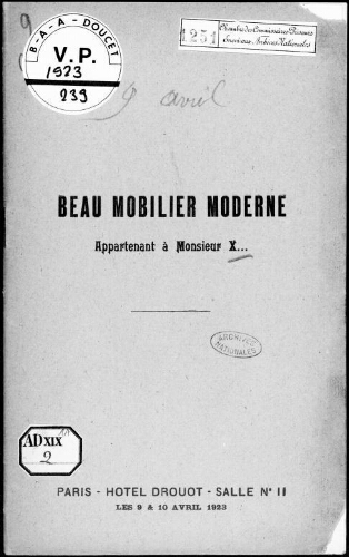 Beau mobilier moderne appartenant à Monsieur X. : [vente des 9 et 10 avril 1923]