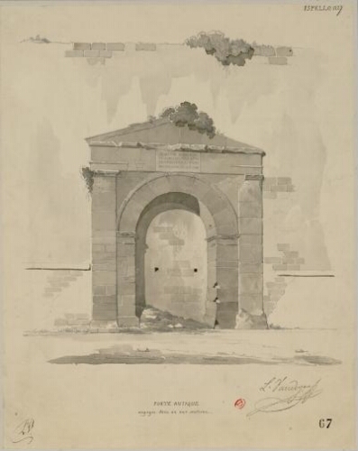 Ispello 1827, porte antique engagée dans un mur moderne