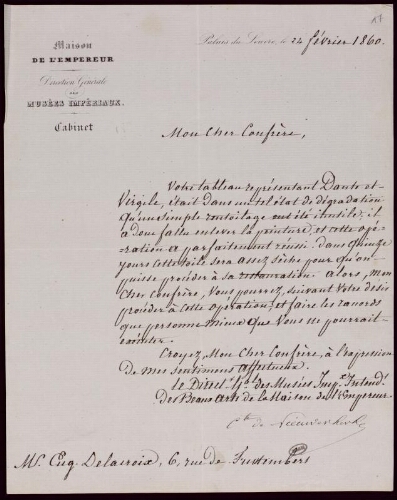 Lettre du comte de Nieuwerkerke à Eugène Delacroix du 24 février 1860