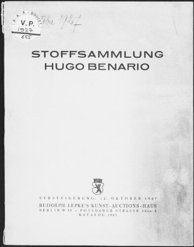 Stoffsammlung Hugo Benario : [vente du 12 octobre 1927]