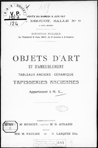 Catalogue des objets d'art et d'ameublement […] : [vente du 9 juin 1917]