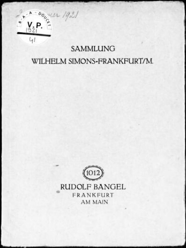 Sammlung Wilhelm Simons, Frankfurt/M. : [vente du 25 janvier 1921]