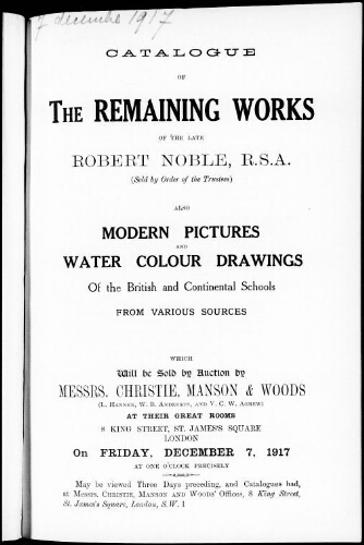 Catalogue of the remaining works of the late Robert Noble, R.S.A […] : [vente du 7 décembre 1917]