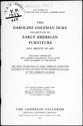 The Caroline Coleman Duke collection of early American furniture and objects of art [...] : [vente des 14 et 15 décembre 1923]