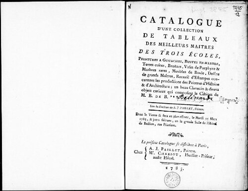 Catalogue d'une collection de tableaux des meilleurs maîtres des trois écoles [...] : [vente du 15 mars 1785]