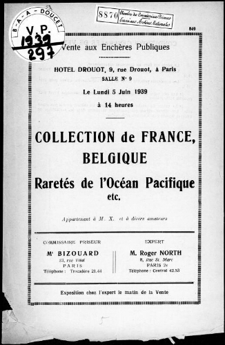 Collection de France, Belgique, raretés de l'océan Pacifique […] : [vente du 5 juin 1939]