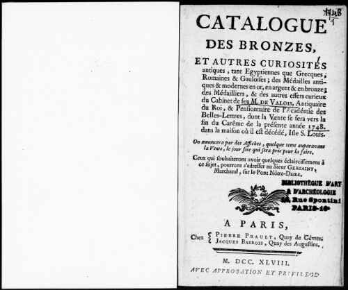 Catalogue des bronzes et autres curiosités antiques [...] de feu M. de Valois : [vente d'avril 1748]