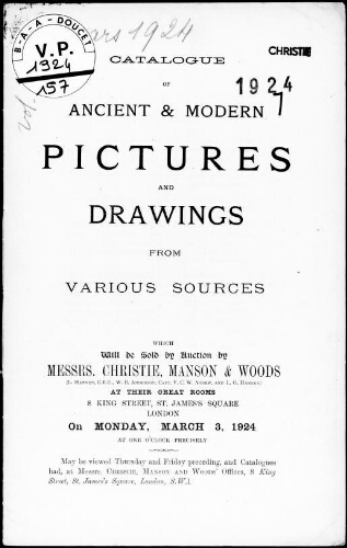 Catalogue of ancient and modern pictures and drawings from various sources [...] : [vente du 3 mars 1924]