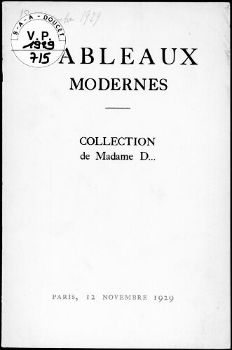 Tableaux modernes ; collection de Madame D… : [vente du 12 novembre 1929]
