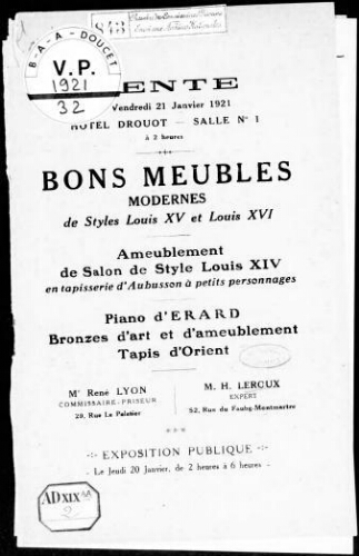 Bons meubles modernes de styles Louis XV et Louis XVI, ameublement de salon de style Louis XIV […] : [vente du 21 janvier 1921]
