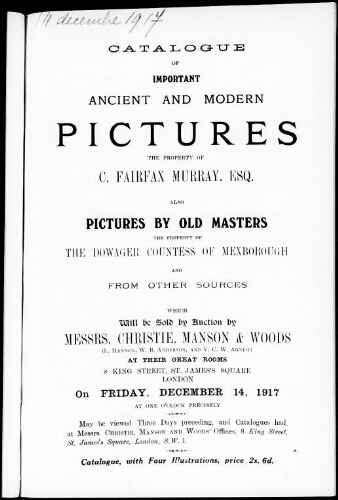 Catalogue of important ancient and modern pictures […] : [vente du 14 décembre 1917]