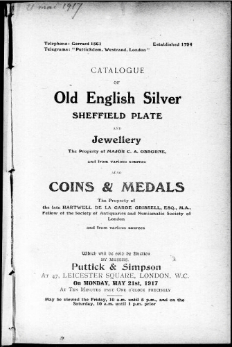 Catalogue of old English silver Sheffield plate and jewellery […] : [vente du 21 mai 1917]