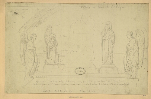 Naples, Santa Chiara, Tombeau de Robert : statues au dessus du baldaquin
