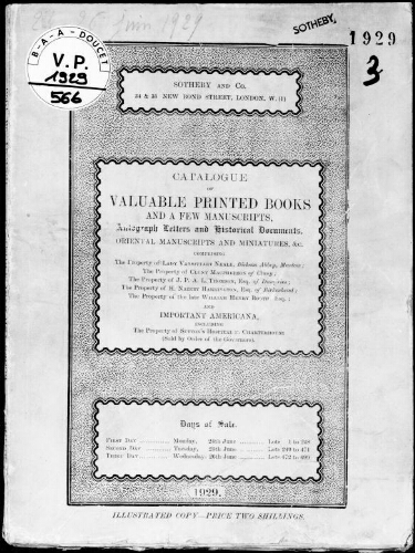 Catalogue of valuable printed books and a few manuscripts, autograph letters [...], important Americana [...] : [vente du 24 au 26 juin 1929]