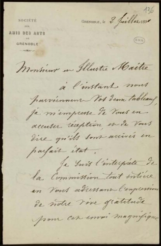 Lettre du président de la Société des Amis des Arts de Grenoble, 2 juillet 1890