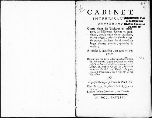 Cabinet intéressant, contenant quatre-vingt-dix tableaux en miniature, de différentes formes et grandeurs [...] : [vente du 20 octobre 1778]