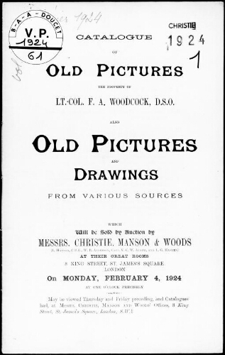 Catalogue of old pictures, the property of Lt.-Col. F. A. Woodcock [...] : [vente du 4 février 1924]