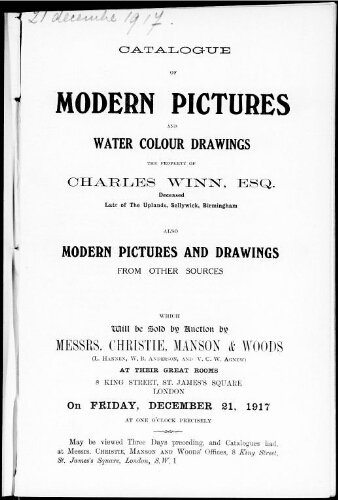 Catalogue of modern pictures and water colour drawings […] : [vente du 21 décembre 1917]
