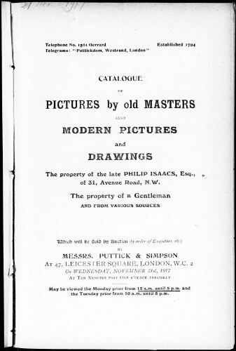 Catalogue of pictures by old masters also modern pictures and drawings […] : [vente du 21 novembre 1917]