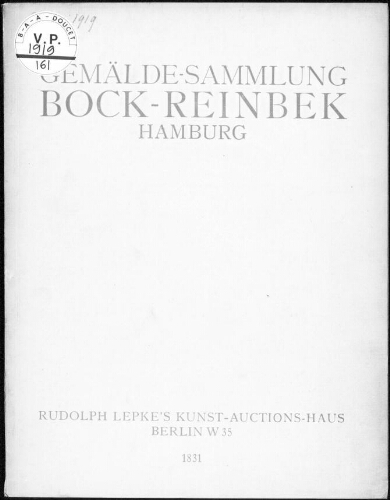 Gemälde Sammlung Bock-Reinbek, Hamburg Meister unserer Zeit [...] : [vente du 20 mai 1919]
