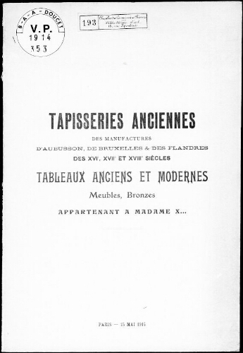 Catalogue des objets d’art et d’ameublement [...] : [vente du 15 mai 1914]