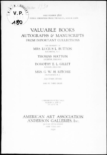 Valuable books, autographs and manuscripts from important collections [...] : [vente des 11 et 12 mars 1930]