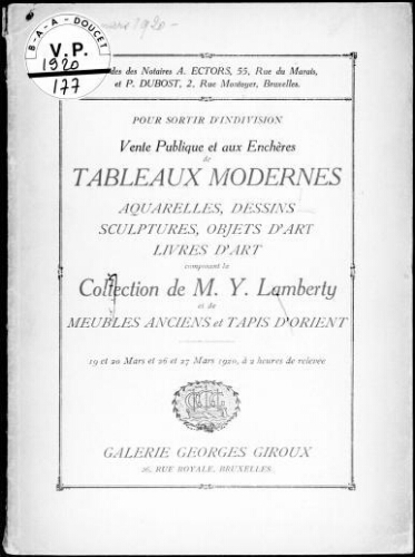 Tableaux modernes, aquarelles, dessins, sculptures, objets d'art, livres d'art [...] : [vente des 19 et 20  mars 1920]